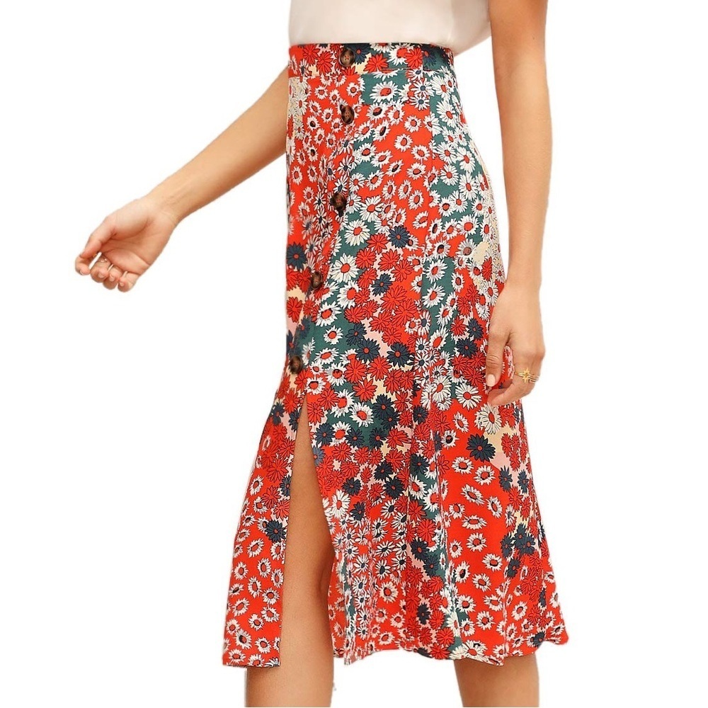 Boho Floral High Waist Split A Line Midi Skirt - Picture 3 of 10